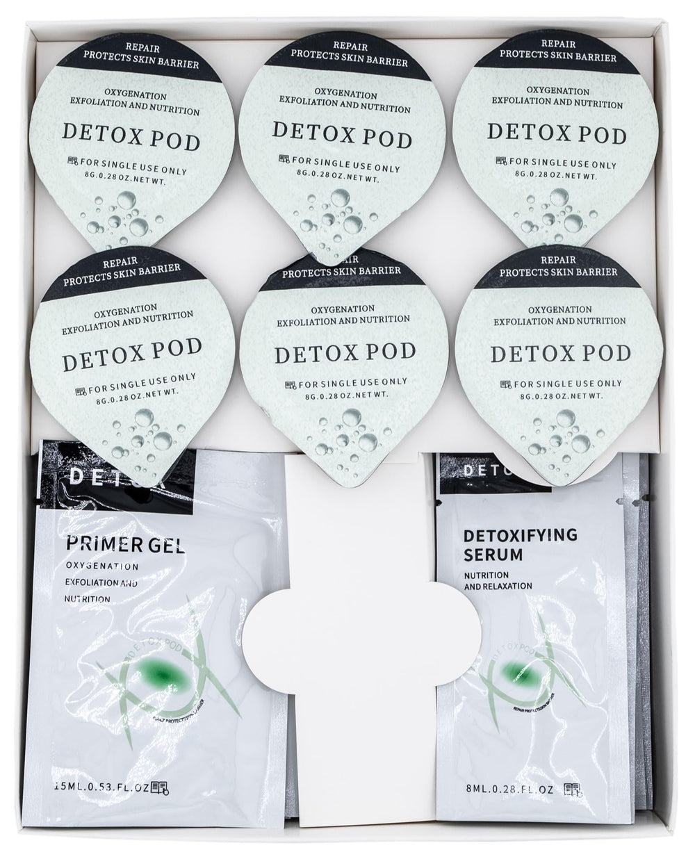 Detox Pods oxygen facial capsules shown for in-device use and CO2 boost.