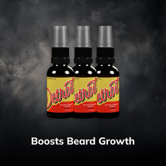 Detroit Grooming Co. spray bottle mist being applied, highlighting fast-absorbing formula for daily beard care.