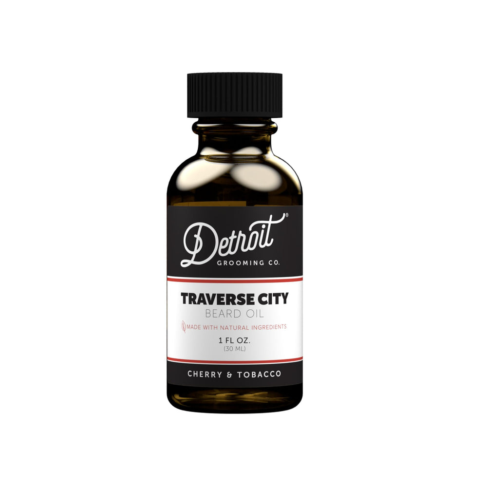 Detroit Grooming Co. Traverse City beard oil bottle provides deep hydration for beard and skin.