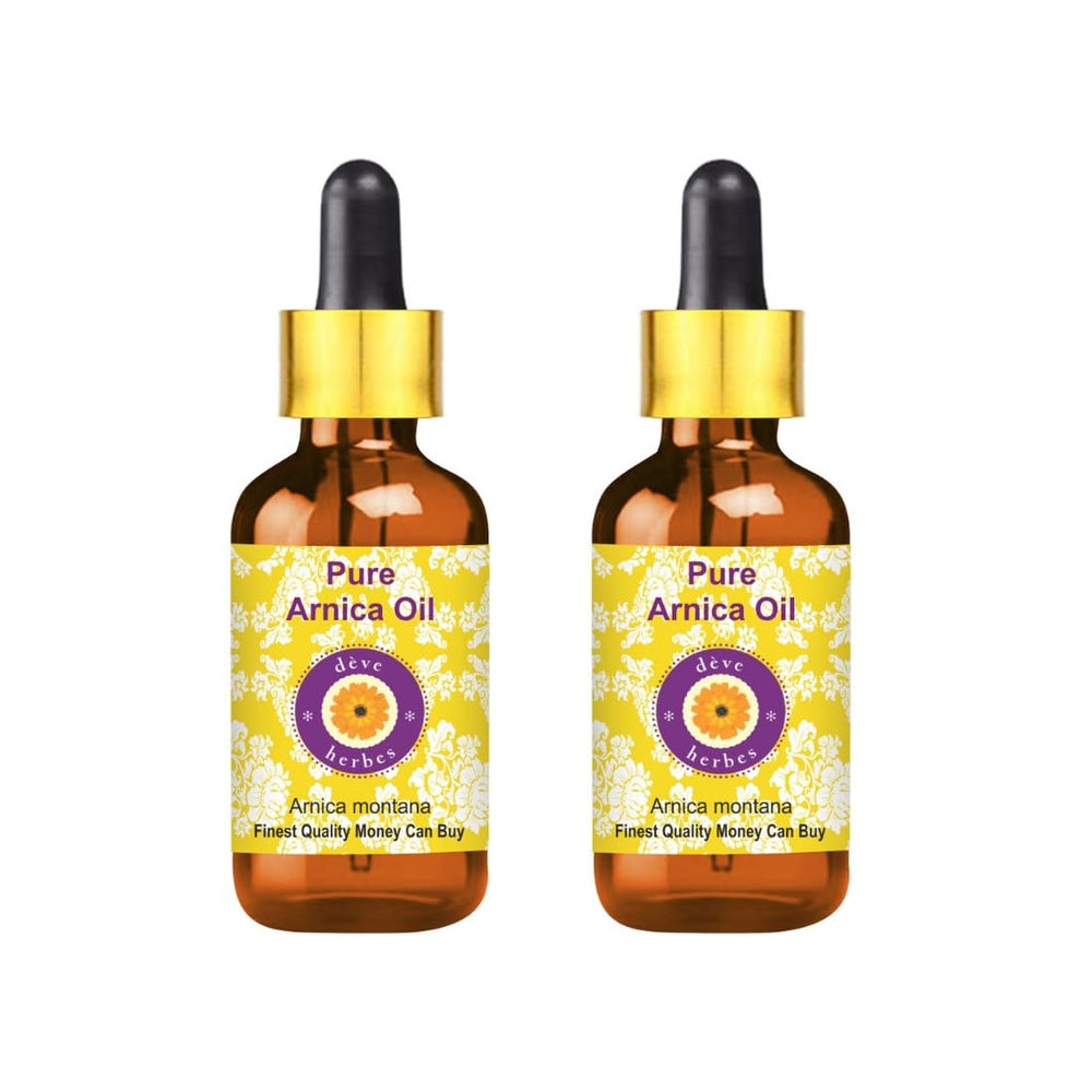 Deve Herbes Arnica Oil in an amber bottle with two droppers for easy skincare.