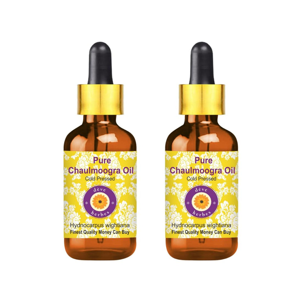 Deve Herbes Chaulmoogra Oil in amber bottle with dropper for precise dilution.