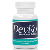 Devko ostomy pouch deodorizer tablets with charcoal formula packaging for odor control.
