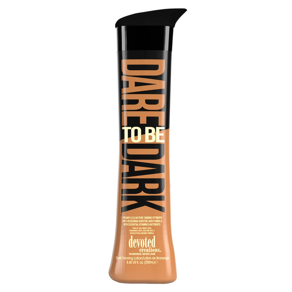 Devoted Creations Dare to be Dark bottle front—fragrance-free vegan formula for sensitive skin.