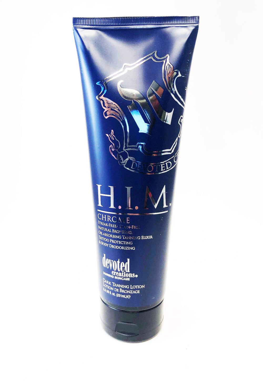 Devoted Creations H.I.M Chrome bottle shows streak-free dark tanning with instant color