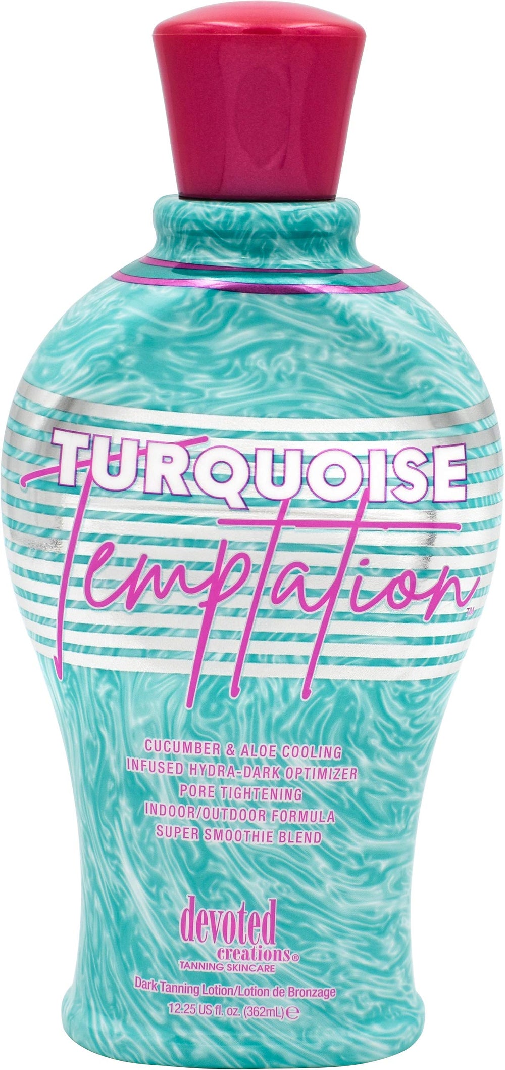 Devoted Creations Turquoise Temptation bottle pour showcases a cooling, fast-acting tan enhancer for indoor or outdoor use.