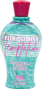 Devoted Creations Turquoise Temptation bottle pour showcases a cooling, fast-acting tan enhancer for indoor or outdoor use.