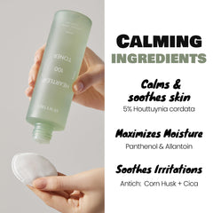 Dewytree Heartleaf 100 Toner being poured to show soothing application for calm skin.