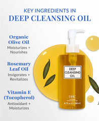 DHC Deep Cleansing Oil label highlights olive oil-based cleansing