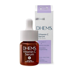DHEMS Vitamin C Serum bottle closeup highlights a lightweight, non-greasy formula for daily use.