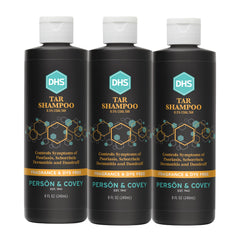 DHS Coal Tar Shampoo bottle shows unscented formula for sensitive scalps.