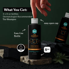 DHS Coal Tar Shampoo scalp closeup highlights flakes and potential relief.