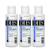 DHS SAL Shampoo bottle pour showing medicated formula for scalp relief.