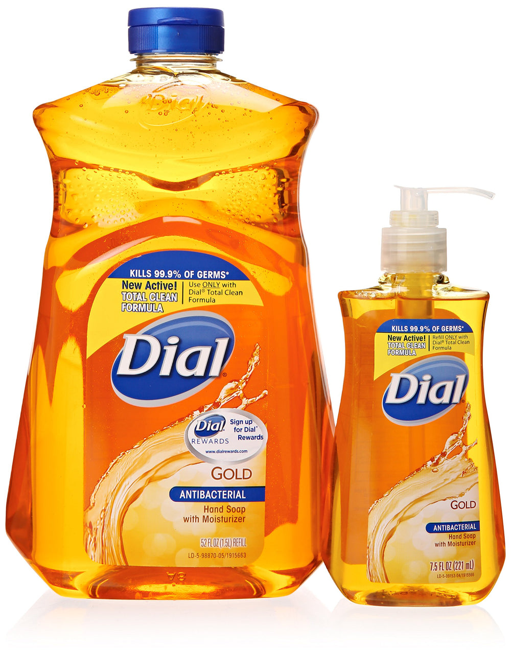 Dial Gold bottle pump of antibacterial hand soap showing moisturizing formula for soft hands after washing.