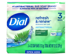 Dial Mountain Fresh pack four on bathroom counter.