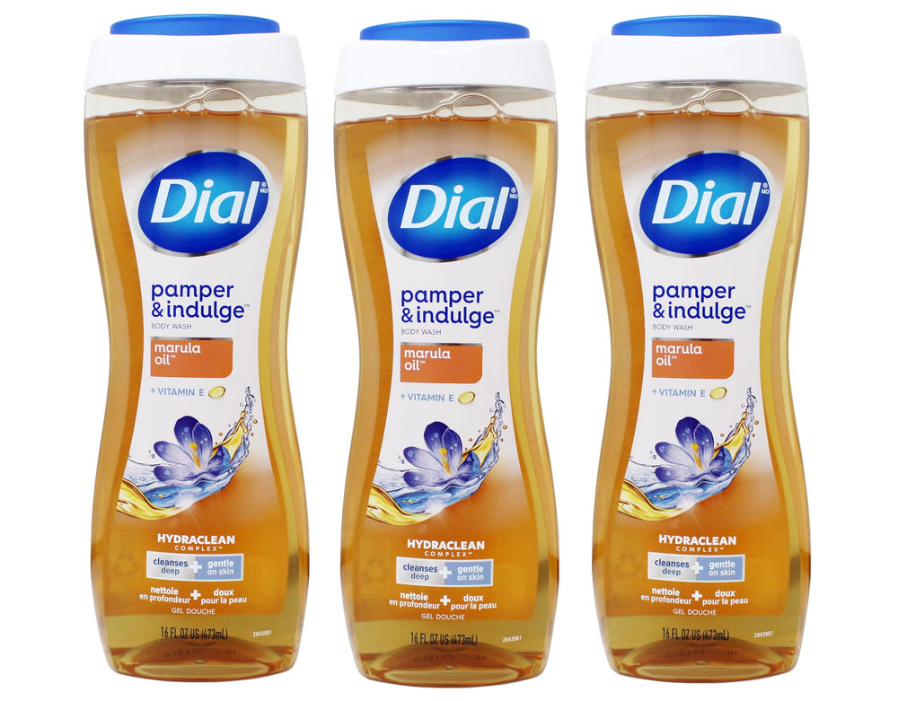Dial Pamper & Indulge bottle with marula oil pump for moisturizing cleansing.