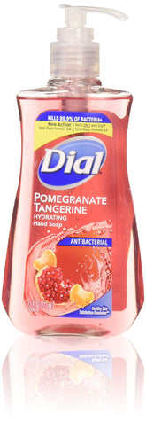 Dial Pomegranate and Tangerine hand soap bottle showing moisturizing formula for daily use.