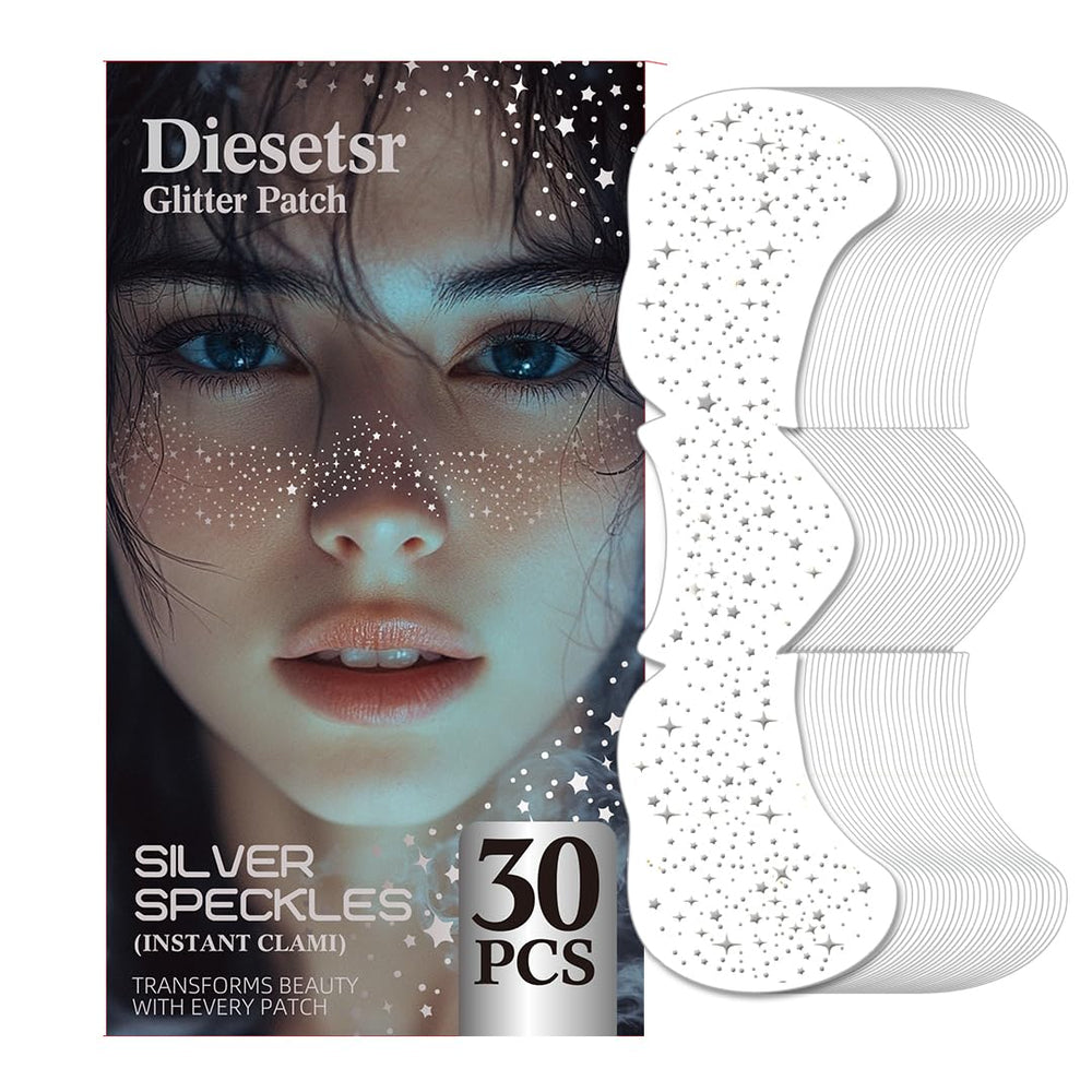 Diesetsr Glitter Freckles close-up on skin with silver shimmer for a radiant festival look.