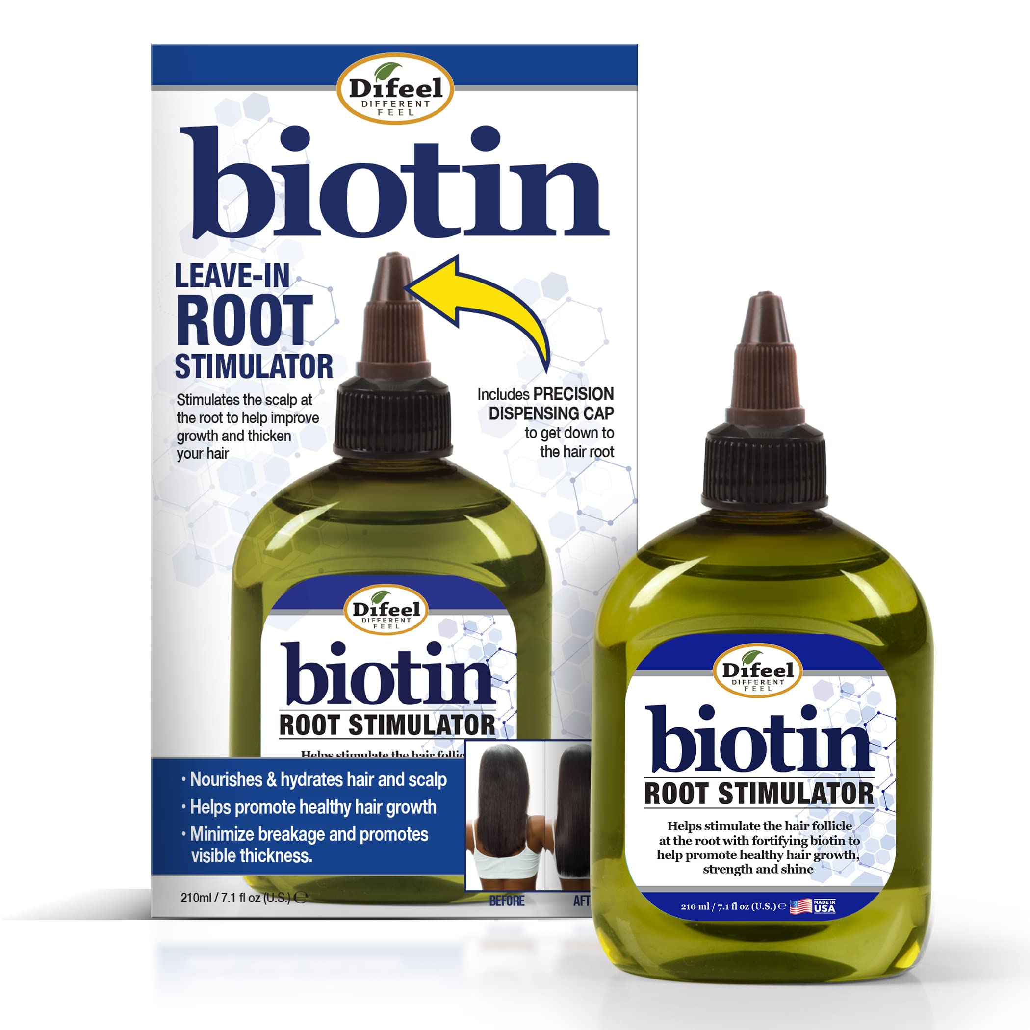 Difeel Biotin Pro-Growth root stimulator bottle front shows the 7.1 oz size for longer use