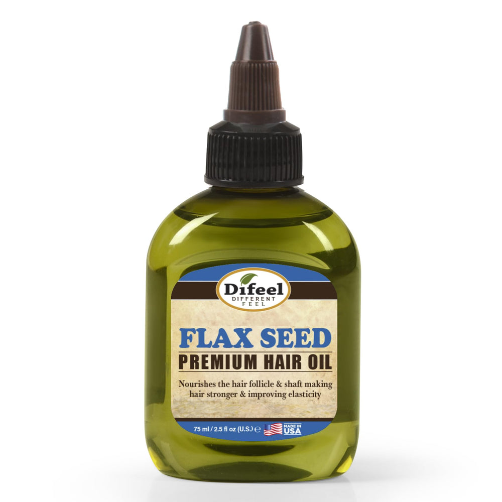 Difeel flax seed oil bottle shows rich omega-3 moisture for frizz control.