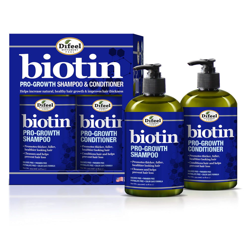 Difeel Pro-Growth Biotin Shampoo bottle with pump for easy daily cleansing.