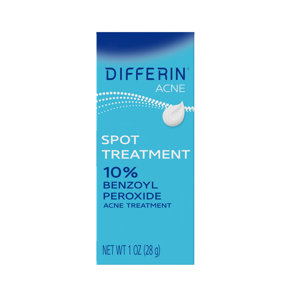 Differin 10% benzoyl peroxide spot treatment tube targets visible blemishes and reduces redness.