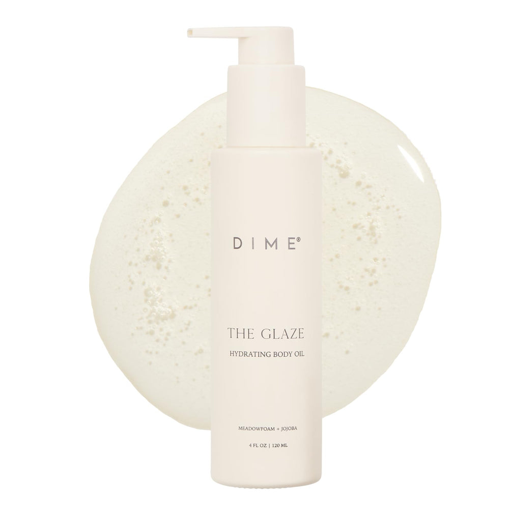 DIME Beauty Glaze Body Oil bottle demonstrates fast absorption and hydration.