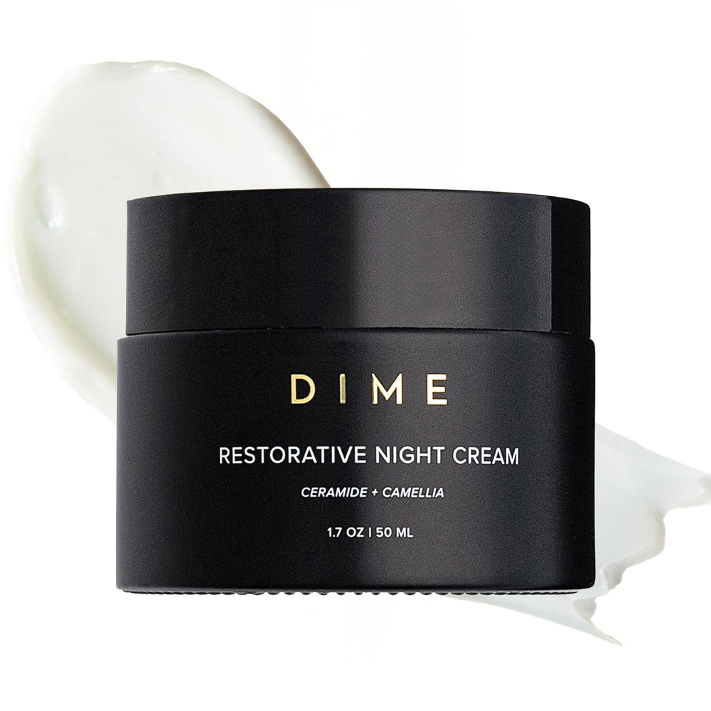 DIME Beauty Restorative Night Cream bottle pump locks in overnight moisture.
