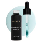 DIME Blue Facial Oil bottle highlights vegan, hydrating skincare for balanced skin
