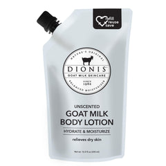 Dionis goat milk body lotion refill pouch on a clean surface highlighting hydration potential