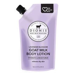 Dionis refill pouch for goat milk lotion, eco-friendly packaging to support sustainable hydration.