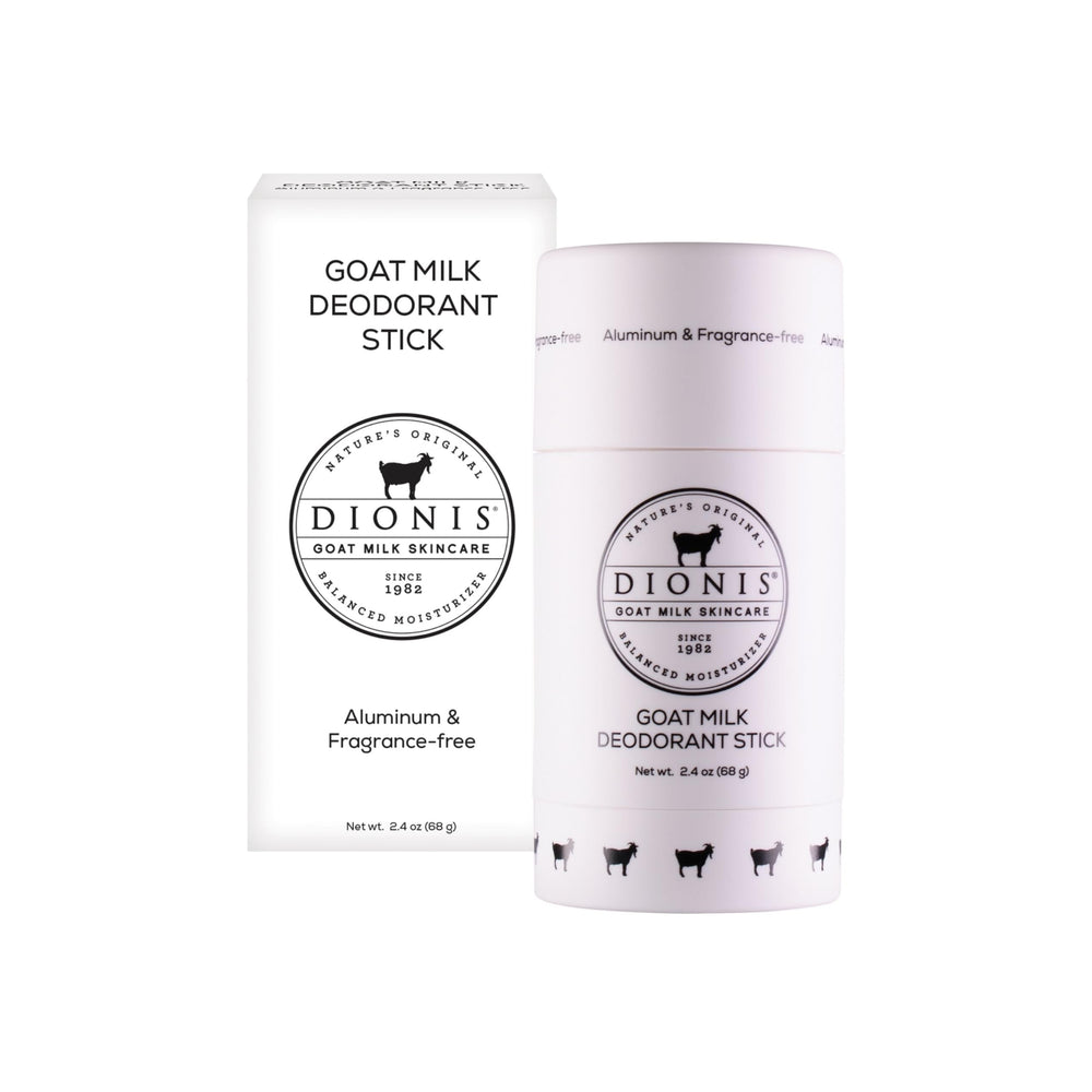 Dionis goat milk deodorant stick packaging with compact, travel-friendly design