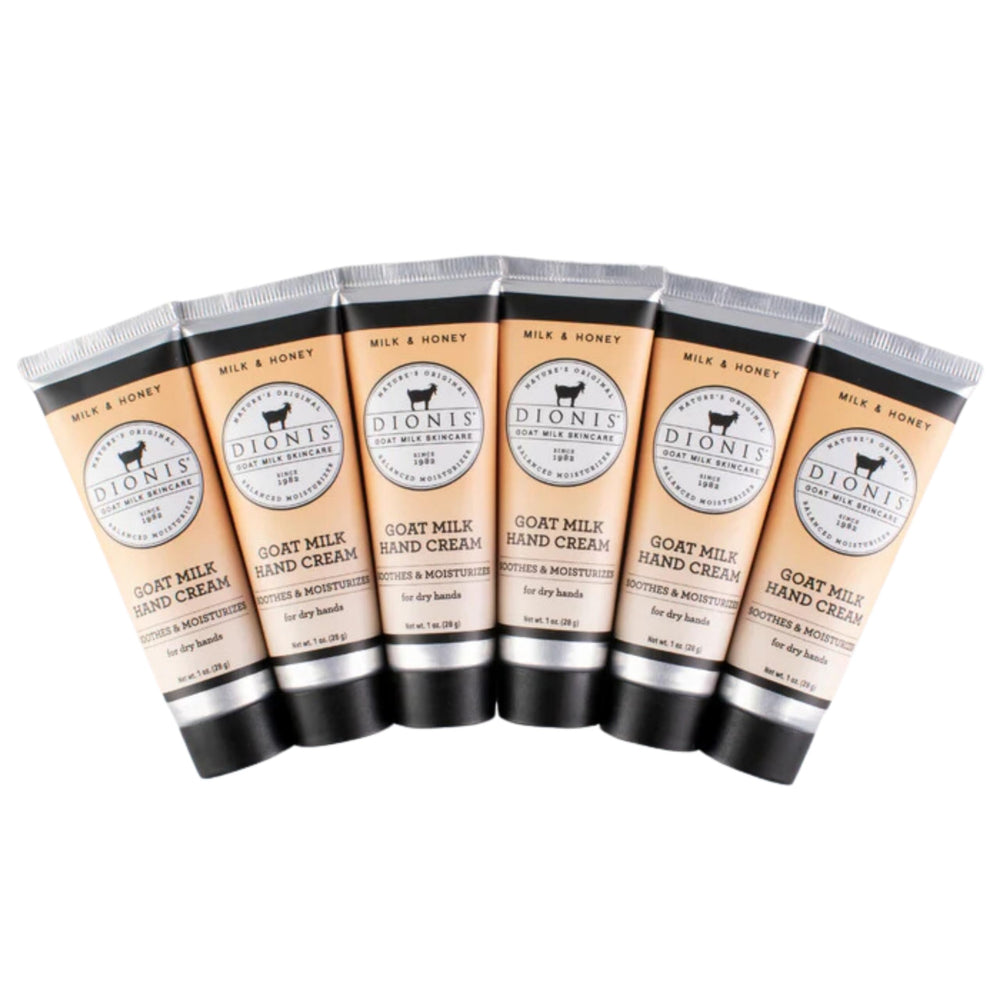 Dionis Goat Milk Hand Cream packaging highlights honey-infused formula for nourishment.
