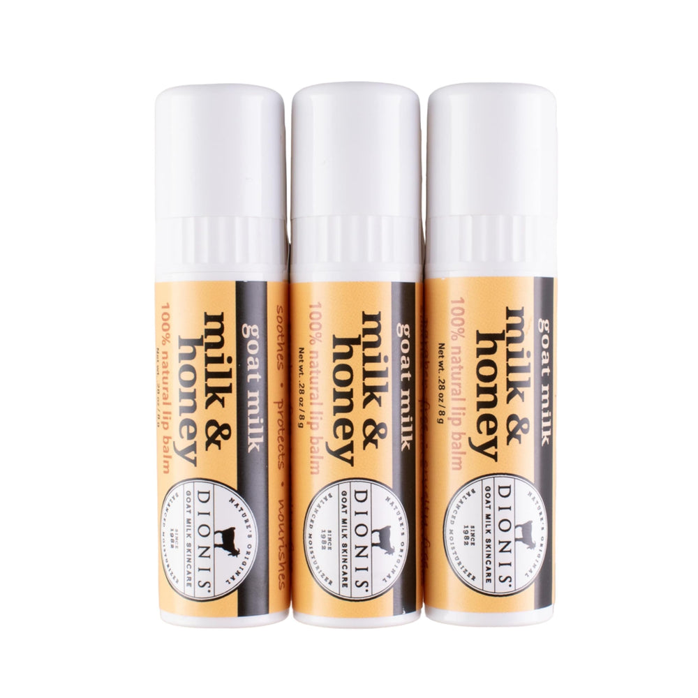 Dionis Goat Milk Lip Balm 3-pack with three tubes for lasting moisture.