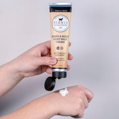 Creamy, non-greasy Dionis goat milk lotion texture close-up showing hydration.