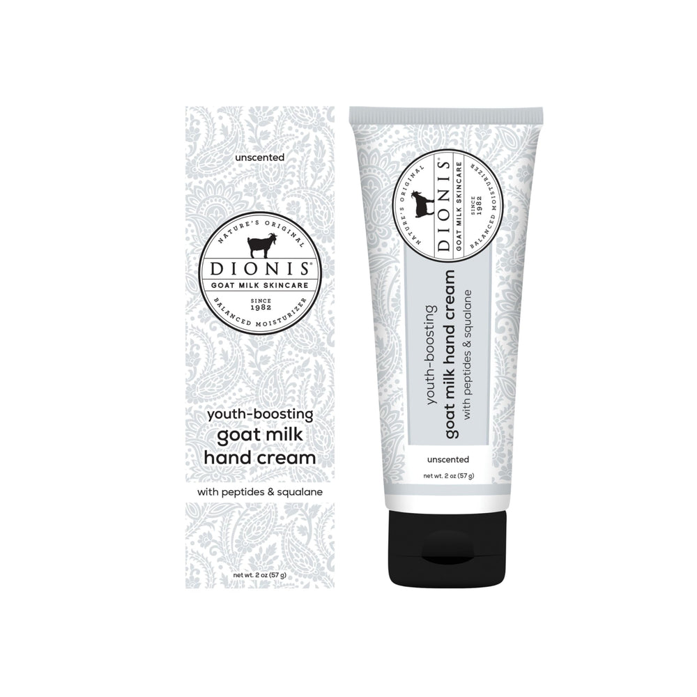 Dionis Youth Boosting Goat Milk Hand Cream bottle front with fragrance-free formula for sensitive skin.