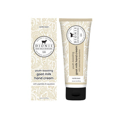 Dionis Youth Boosting Goat Milk Hand Cream jar with vanilla bean scent providing daily hydration.