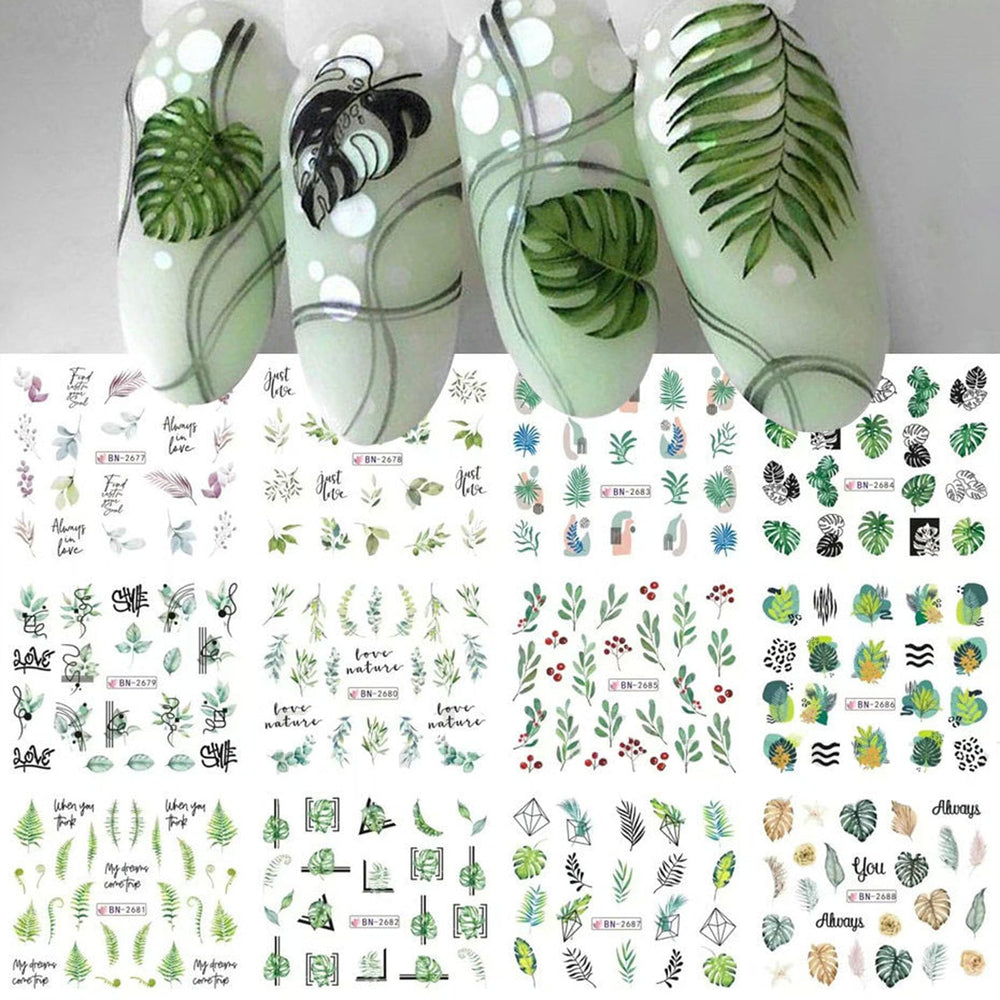 Diowino green leaf nail stickers for acrylic nails with a tropical vibe and easy DIY appeal.