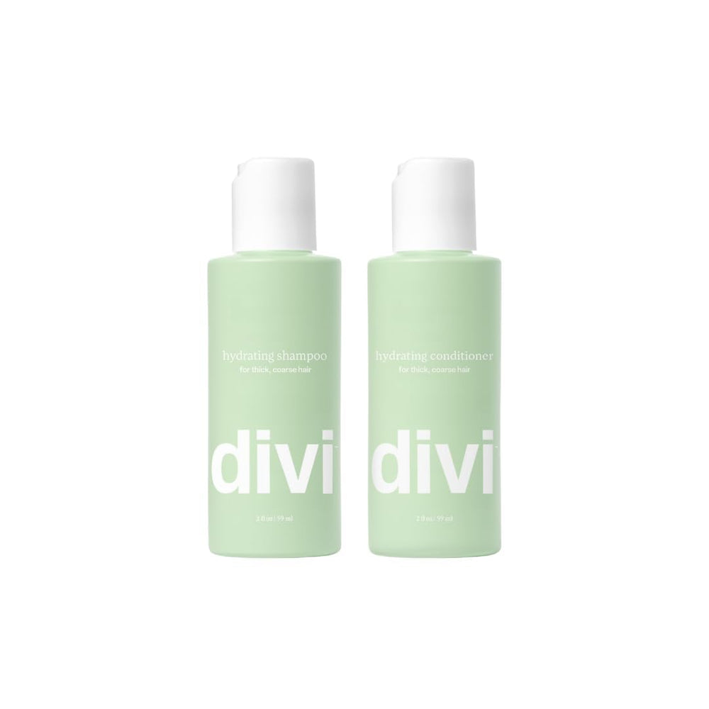 Divi Hydrating Shampoo travel set bottle closeup, lightweight 2 oz packaging for on-the-go hydration
