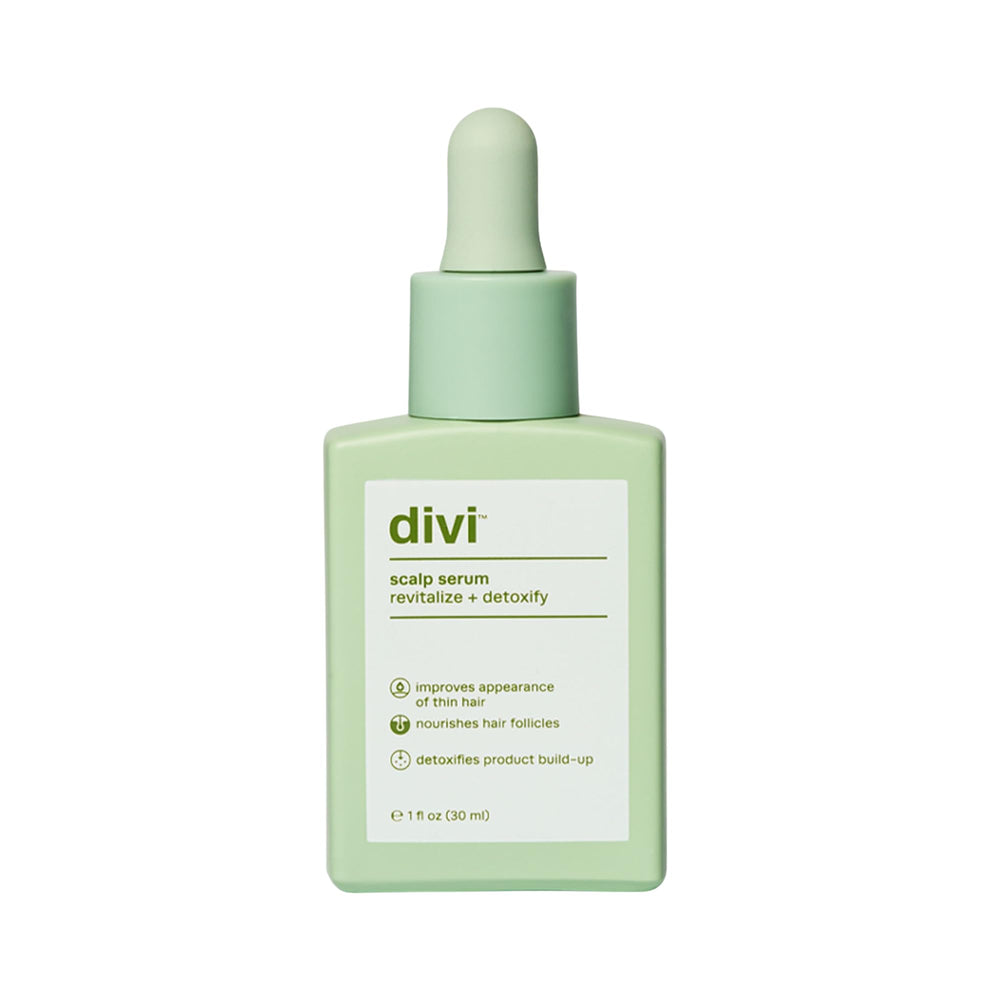Divi Scalp Serum bottle close-up, lightweight residue-free daily care for thinning hair