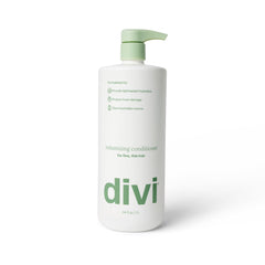 Divi volumizing conditioner bottle pour shows lightweight hydration for fine hair.