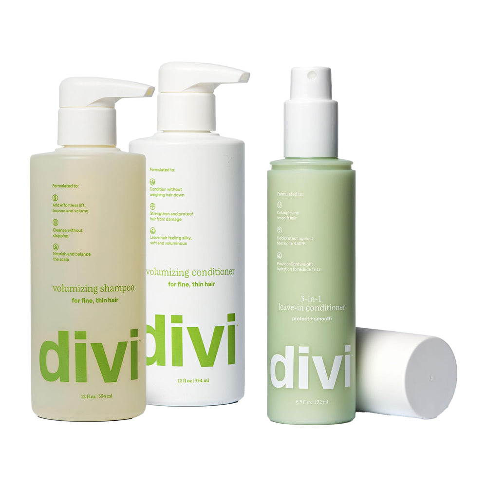 Divi volumizing shampoo bottle provides lightweight lift for fine hair.