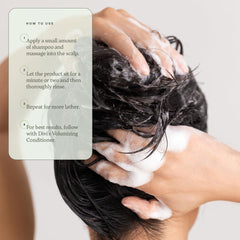 Divi Volumizing Shampoo on scalp balance concept with buildup removal.