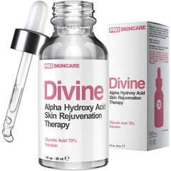 Divine Derriere glycolic acid peel 70% bottle shown, promotes smoother skin through exfoliation