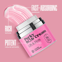 Pump dispenser demonstrates easy, mess-free application of Perky Body Cream.