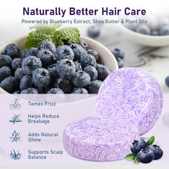 Dkwouzxsp blueberry shampoo bar in hand with lather for nourishing dry hair.