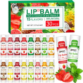 DMSKY lip balm 30-pack assortment showing 15 flavors for daily hydration