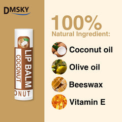 DMSKY lip balm ingredients with coconut oil and vitamin E.