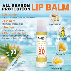 DMSKY lip balm SPF30 travel-size in bag ready for beach days.