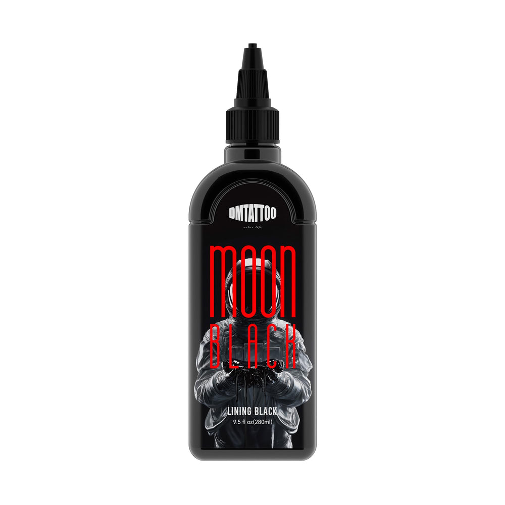DMTATTOO Tattoo Ink Lining Black 9.5oz bottle cap showcases precise flow for clean outlines.
