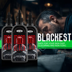 DMTATTOO Black tattoo ink demonstrates smooth pour and reliable consistency for steady outlining.